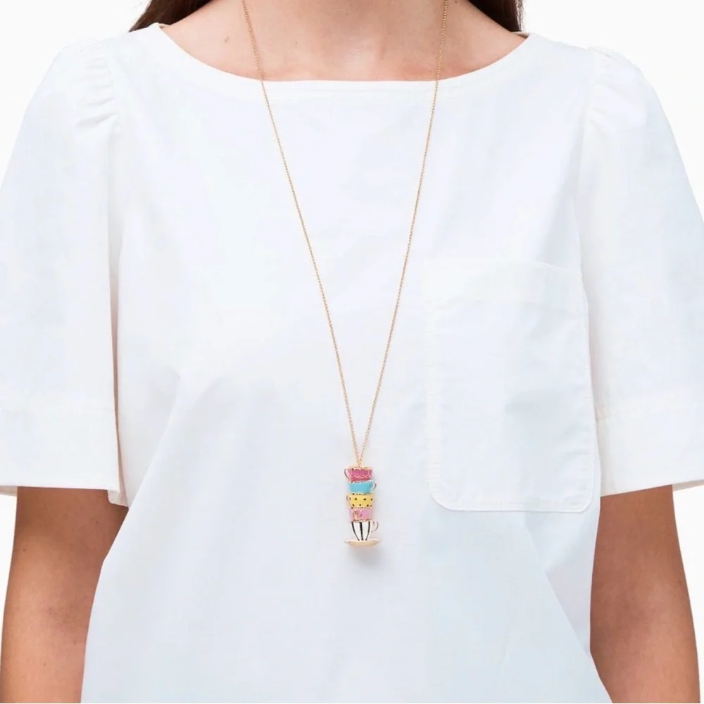 KATE SPADE Tea Time Stacked Teacup Long‎ Pendant Necklace NWT